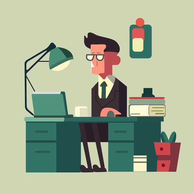 A man sits at a desk working flat illustration