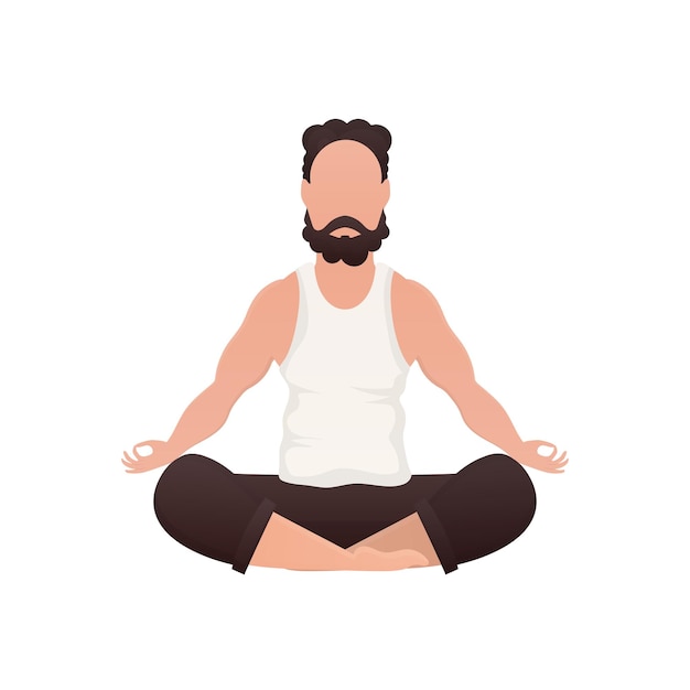 A man sits doing yoga in the lotus position Isolated Cartoon style