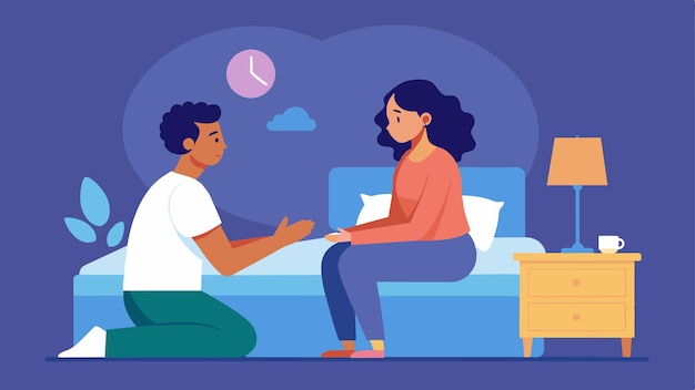 Vector a man sits on the edge of his bed holding his partners hand as she talks him through positive