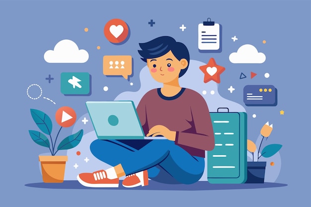 A man sits on the floor focused on using a laptop A teenager is playing social media Simple and minimalist flat Vector Illustration
