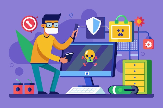 a man sits in front of a computer monitor focusing on fixing malware issues to restore functionality man is fixing a computer that has malware on it simple and minimalist flat vector illustration
