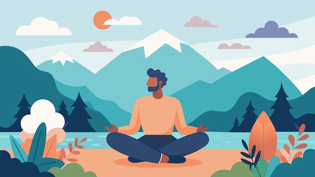 Vector a man sits in front of a scenic view taking a few deep breaths as he practices selfcare through