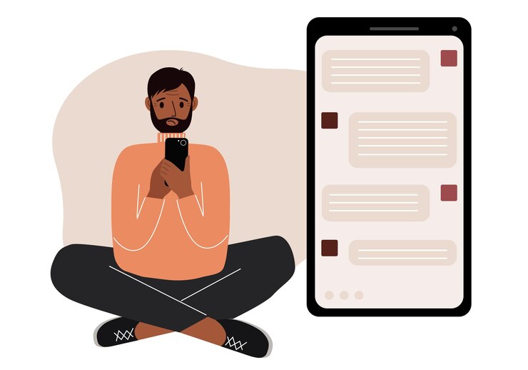 Vector a man sits and holds a phone the correspondence is visible on the screen concept of chat sms service technical support
