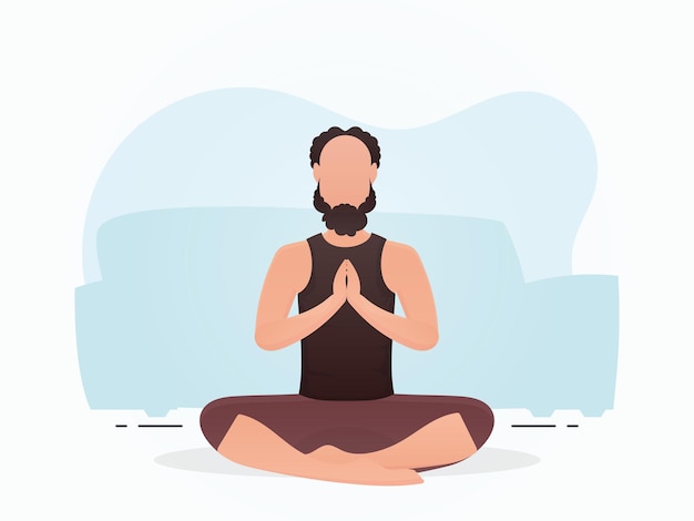 A man sits meditating in the lotus position Yoga Cartoon style