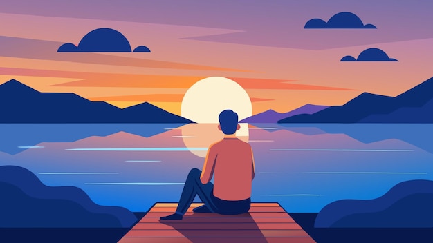 Vector a man sits on a quiet dock his feet dangling in the water as he watches the sun dip below the