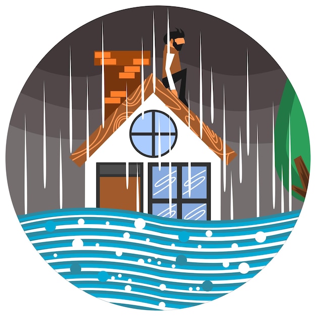 Vector a man sits on the roof of a house because of a flood vector illustration