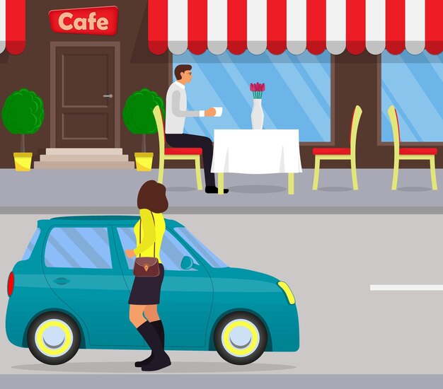 Мужчина сидит за столом в уличном кафе, пьет кофе и ждет женщину