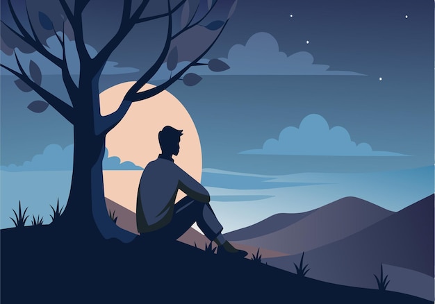 Vector a man sits under a tree at night looking up at the moon