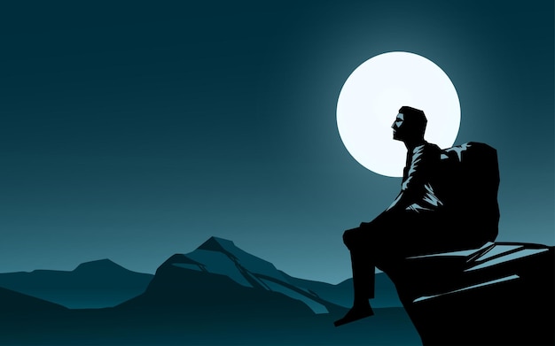 Vector man sitting alone on the hill at night