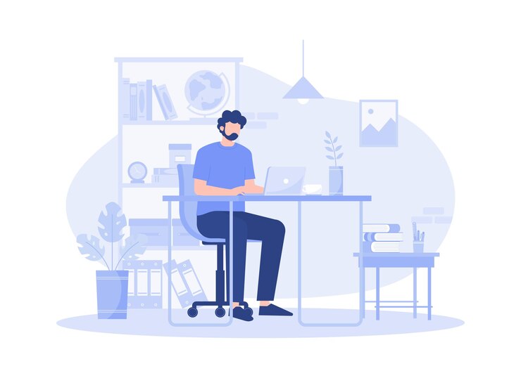 Vector a man sitting on armchair and working from home chatting with colleagues via laptop illustration