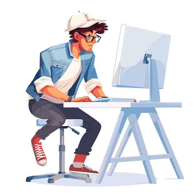 Вектор Человек, сидящий за столом и работающий на компьютере векторная иллюстрация