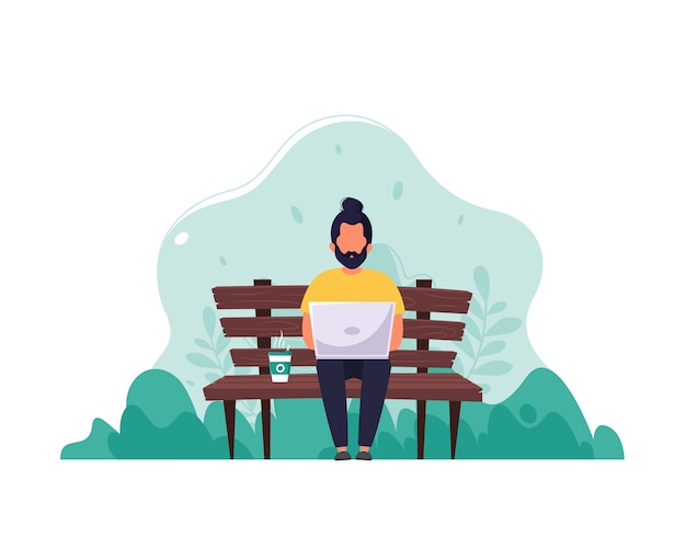 Vector man sitting on a bench with a laptop and coffee. the concept of remote work, freelance, e-learning.  in a flat style.