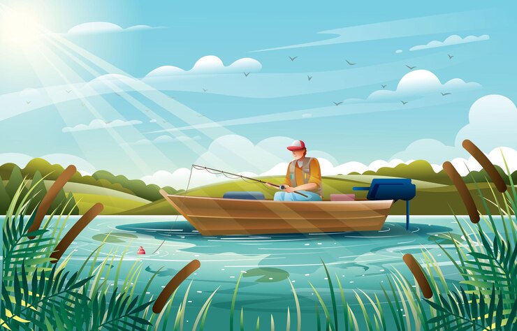 Vector man sitting in a boat and fishing in summer lake