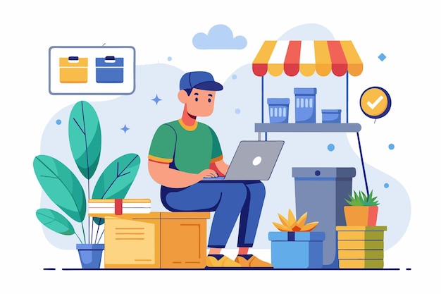 A man sitting on a box using a laptop to sell goods online a man sells goods to an online shop Simple and minimalist flat Vector Illustration