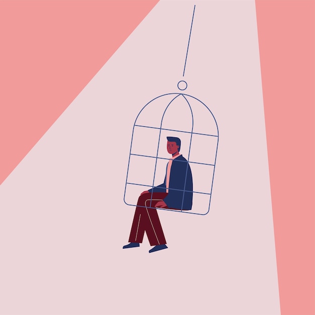 うつ病の孤独の孤立の象徴である檻の中に座っている男