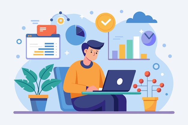 A man sitting in a chair focused on his laptop analyzing business data Analyzing business using laptop concept Simple and minimalist flat Vector Illustration