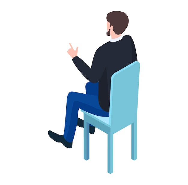 Man sitting on chair gesturing with hand casual clothing person in conversation presentation gesture