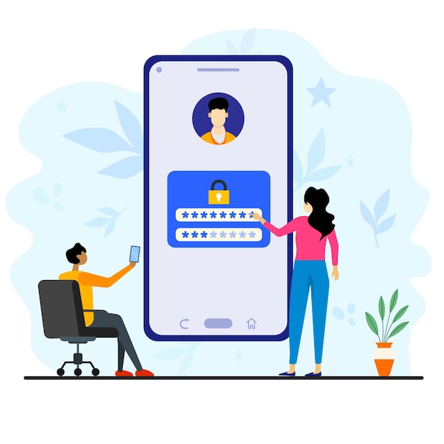 man sitting on chair trying to login to his account on his smartphone woman help to set a password