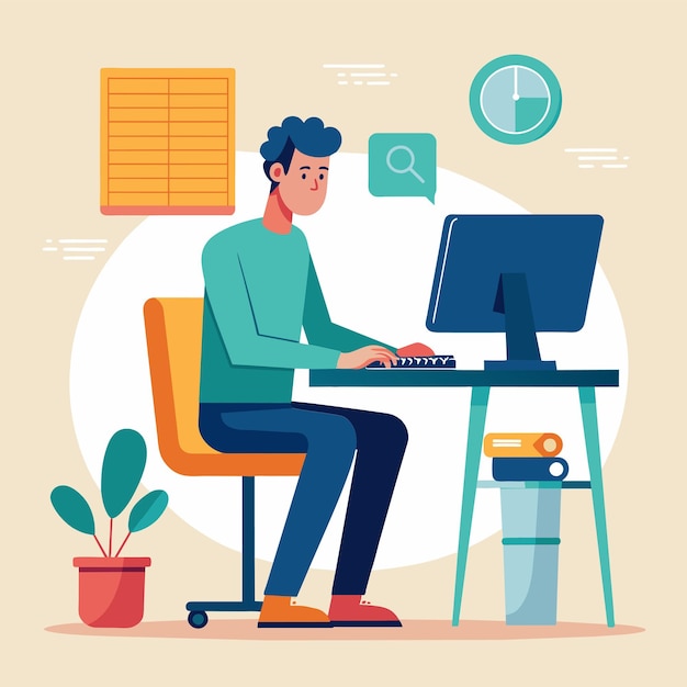 A man sitting at a desk updating his computer man is updating computer Simple and minimalist flat Vector Illustration