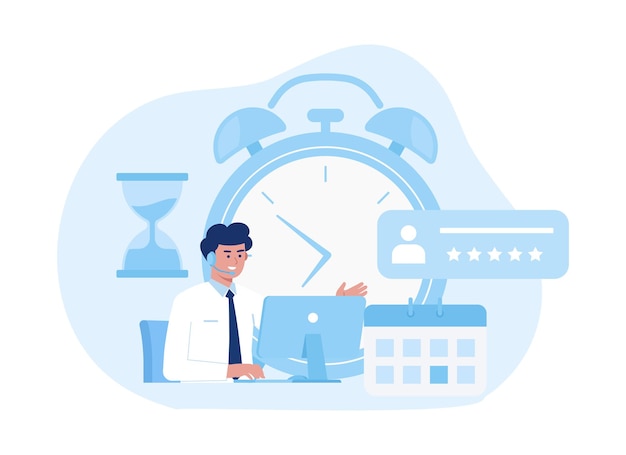 A man sitting at a desk with a laptop and a clock trending concept flat illustration