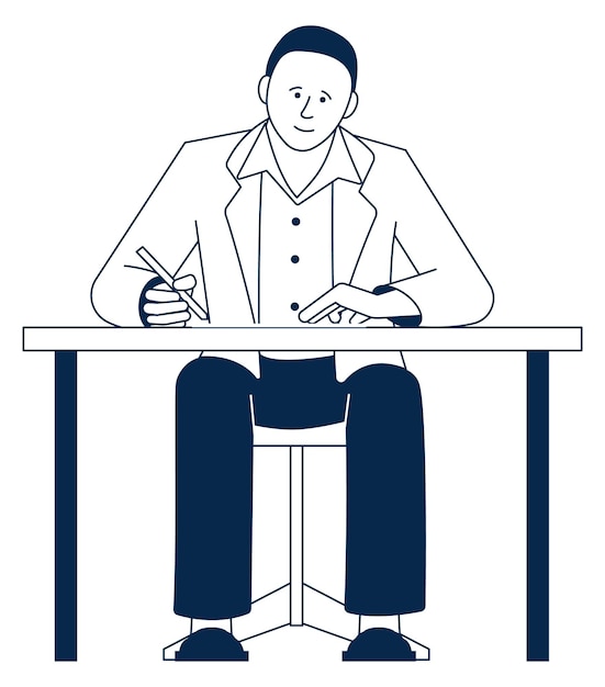 Vector man sitting at desk and writing person doing paperwork