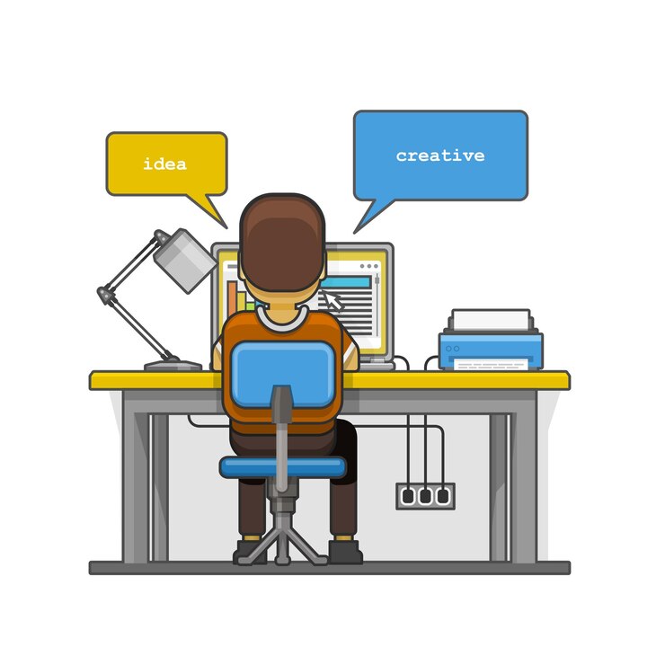 Vector man sitting at the desktop and working on the computer. vector illustration