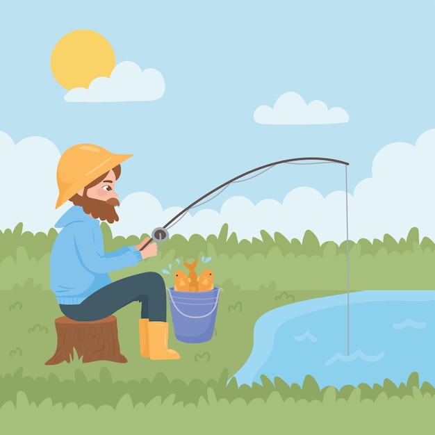 Man sitting fishing in the river sitting on the grass