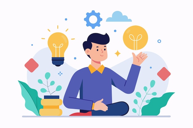 A man sitting on the floor with a light bulb shining above his head contemplating an idea a man gets an idea for a task Simple and minimalist flat Vector Illustration