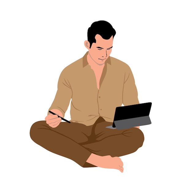 Vector man sitting on the floor and working on laptop vector illustration