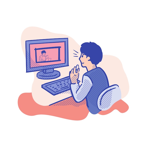 Man sitting in front of computer and working Vector illustration in flat style