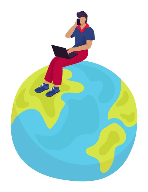 Vector man sitting globe working laptop talking phone remote worker multitasking digital nomad