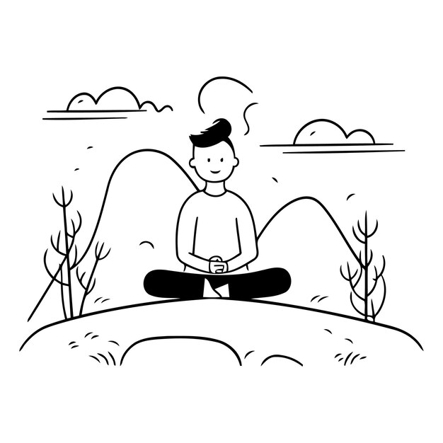 Человек сидит на траве и медитирует в стиле рисунка
