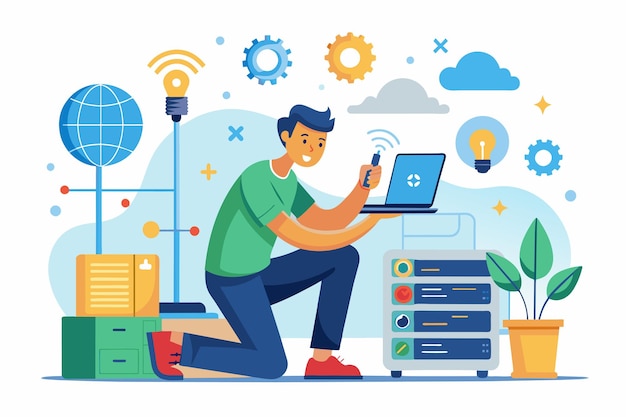 Vettore man sitting on ground using laptop to repair internet network man is working on repairing the internet network simple and minimalist flat vector illustration