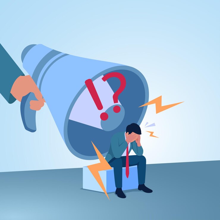 Vector a man sitting holding his head being shouted at by a big megaphone illustration for bullying violence and seniority