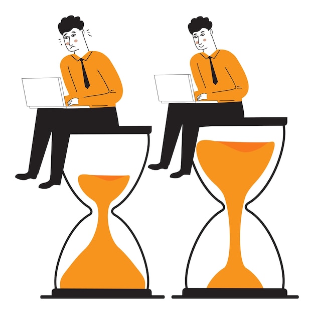 Man sitting on an hourglass and working laptop procrastination