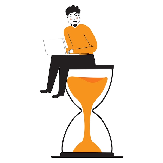 Man sitting on an hourglass and working laptop procrastination