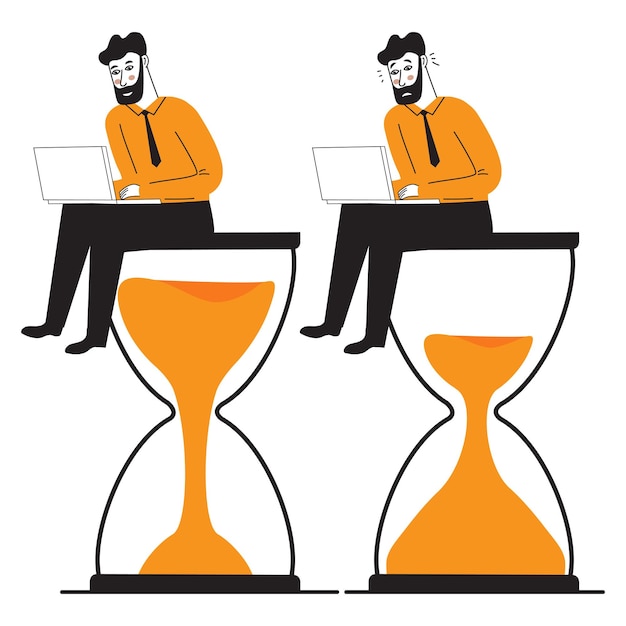 Man sitting on an hourglass and working laptop procrastination