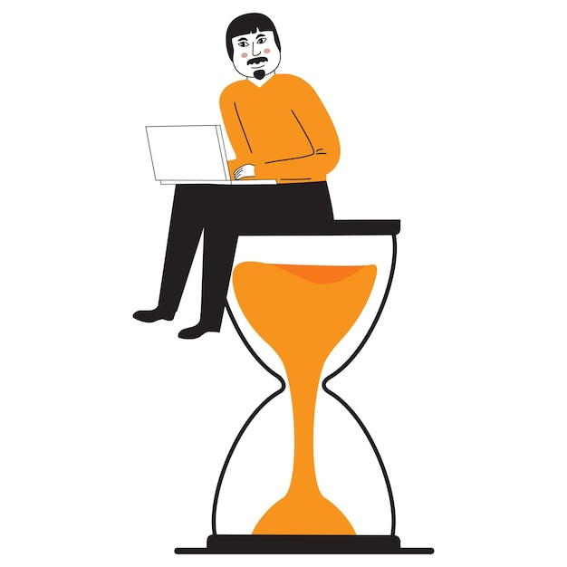 Man sitting on an hourglass and working laptop procrastination