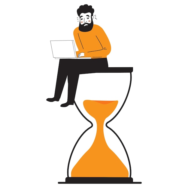Man sitting on an hourglass and working laptop procrastination