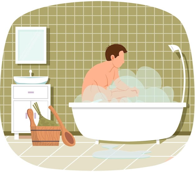 Вектор Мужчина сидит в ванне с горячей водой модная ванная комната современный дизайн интерьера парень принимает ванну с пеной очистка кожи и волос концепция мужской персонаж расслабляется в домашней сауне с паром