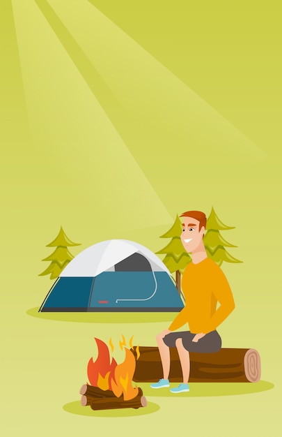 キャンプでキャンプファイヤーの近くのログに坐っている人。