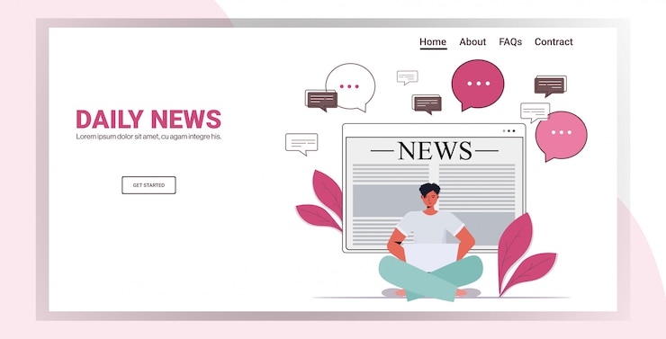 Vector man sitting lotus pose reading online newspaper daily news on laptop screen press mass media concept