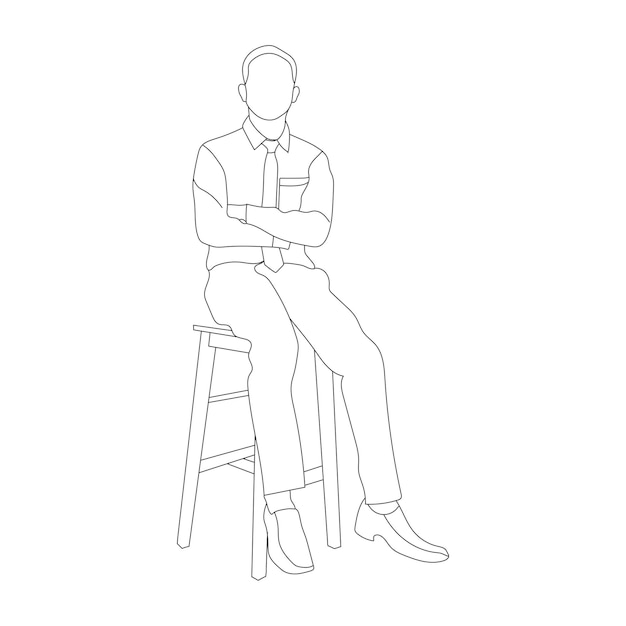 벡터 흰색 배경 그림 선 그리기와 의자 라인 아트에 앉아있는 남자