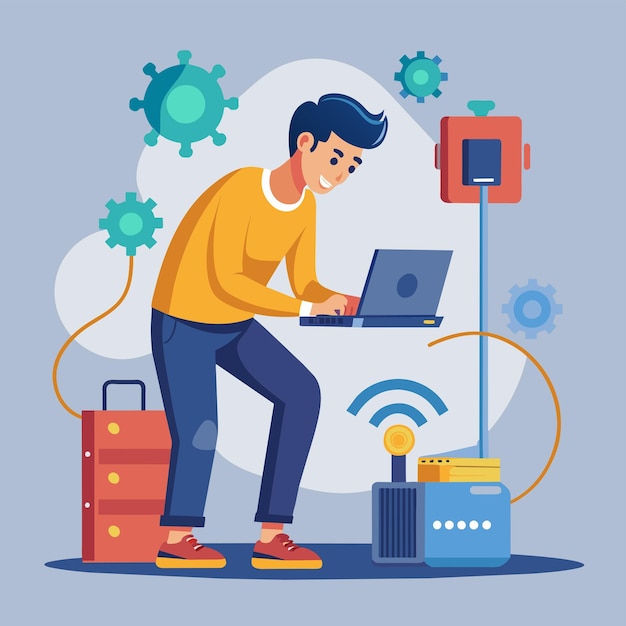 a man sitting outdoors on a suitcase working on a laptop to repair the internet network man is working on repairing the internet network simple and minimalist flat vector illustration