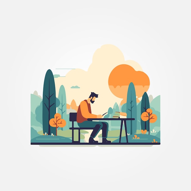 Vector man sitting on a park bench working on his laptop