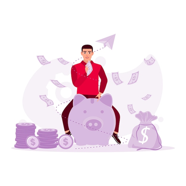 The man sitting on a piggy bank with a pile of coins and notes in hand