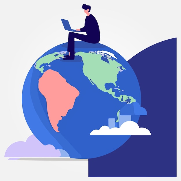 Vector man sitting on planet studying on laptop