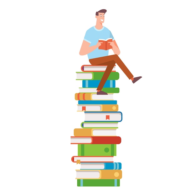 Man sitting and reading on a huge stack of books Flat vector illustration isolated on white