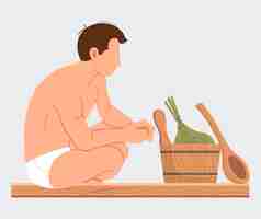 Vector man sitting and relaxing in sauna isolated on white bathhouse or banya wellness spa procedures male character in hot steam bath resting alone person takes care of health enjoys in steamroom