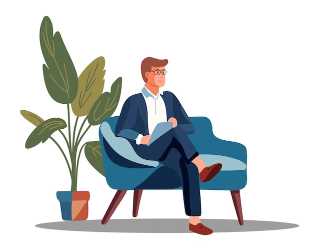 Man sitting on sofa near houseplant vector illustration